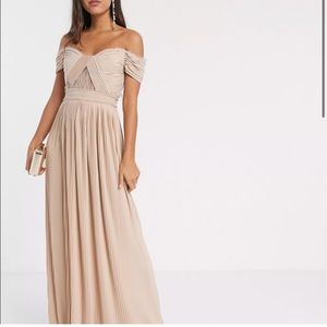 Premium Lace Pleat Bardot Maxi Dress (Champagne/Blush)